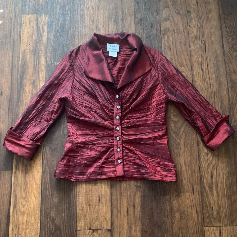 Kathy Roberts Women’s Dressy Shirred Blouse, Size S, bright red color, Button